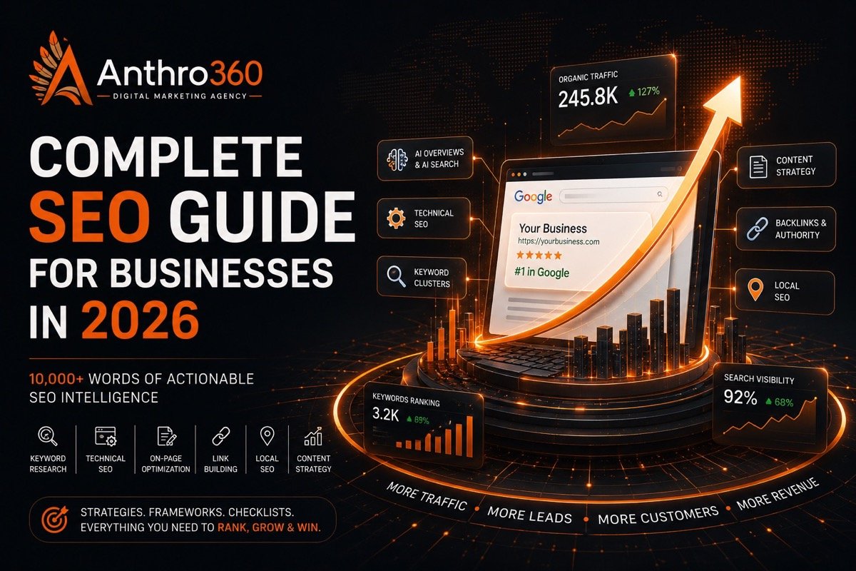Complete SEO Guide for Businesses in 2026 — keyword research, technical SEO, link building, content strategy, local SEO, and AI search by Anthro360