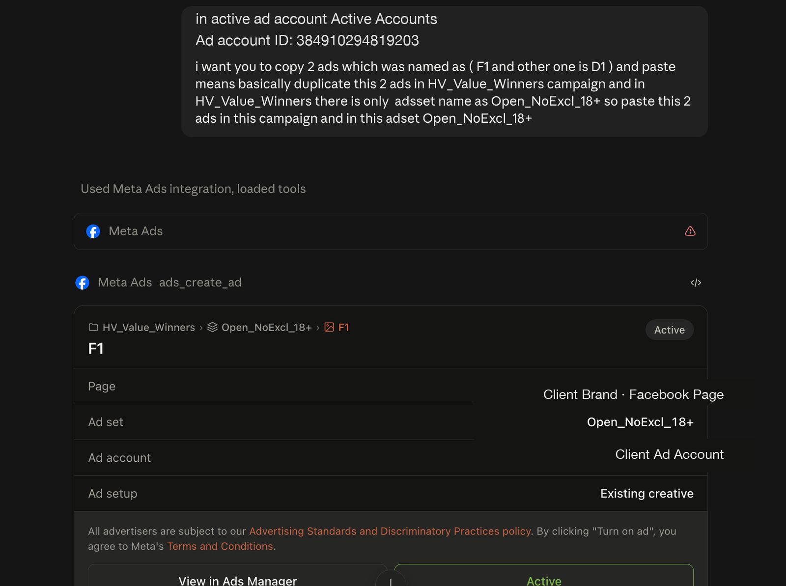 Claude AI automating ad creation and duplication using Meta Ads MCP integration