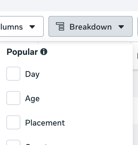 Manual Meta Ads Breakdown Menu — Clicking through nested dropdowns manually